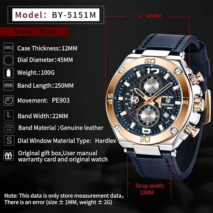 BENYAR Luxury Business Casual Party-Wear Leather Chronograph Date Display Watch for Men - Image 3