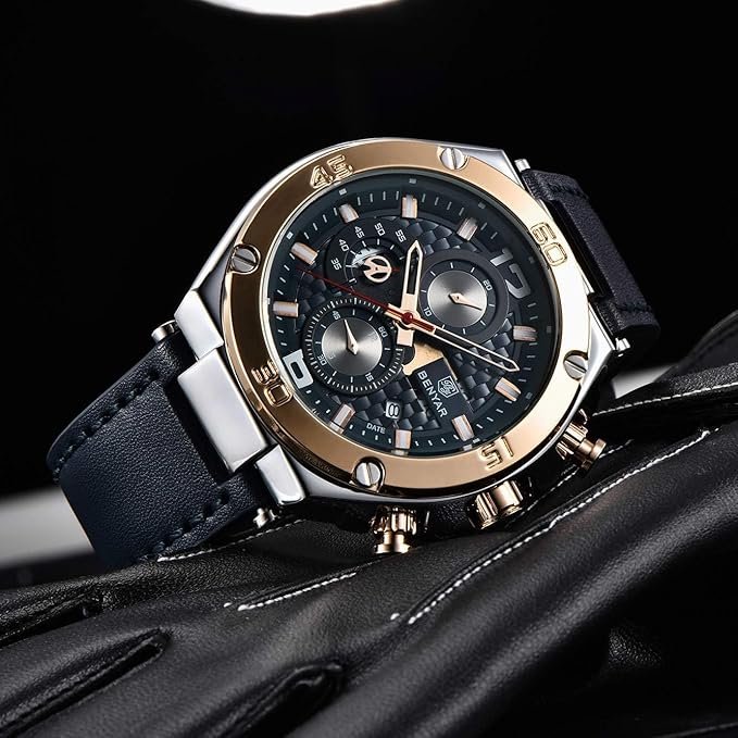 BENYAR Luxury Business Casual Party-Wear Leather Chronograph Date Display Watch for Men - Image 2